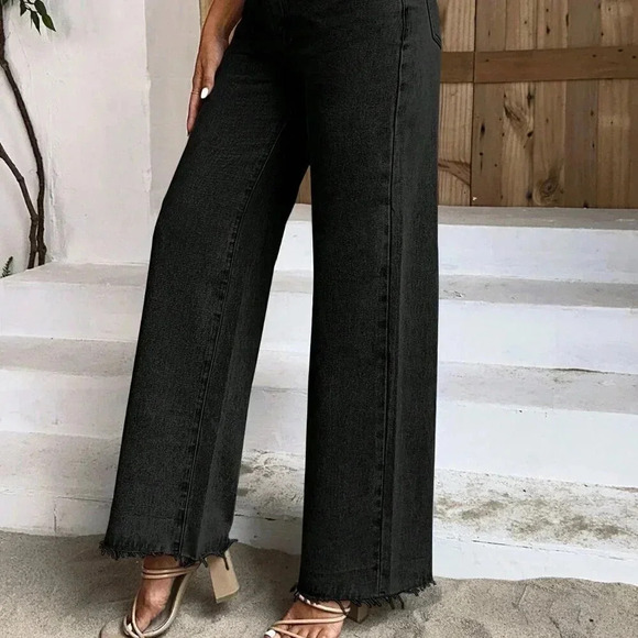 Black Casual Women's Solid Wide Leg Jeans - Picture 5 of 5